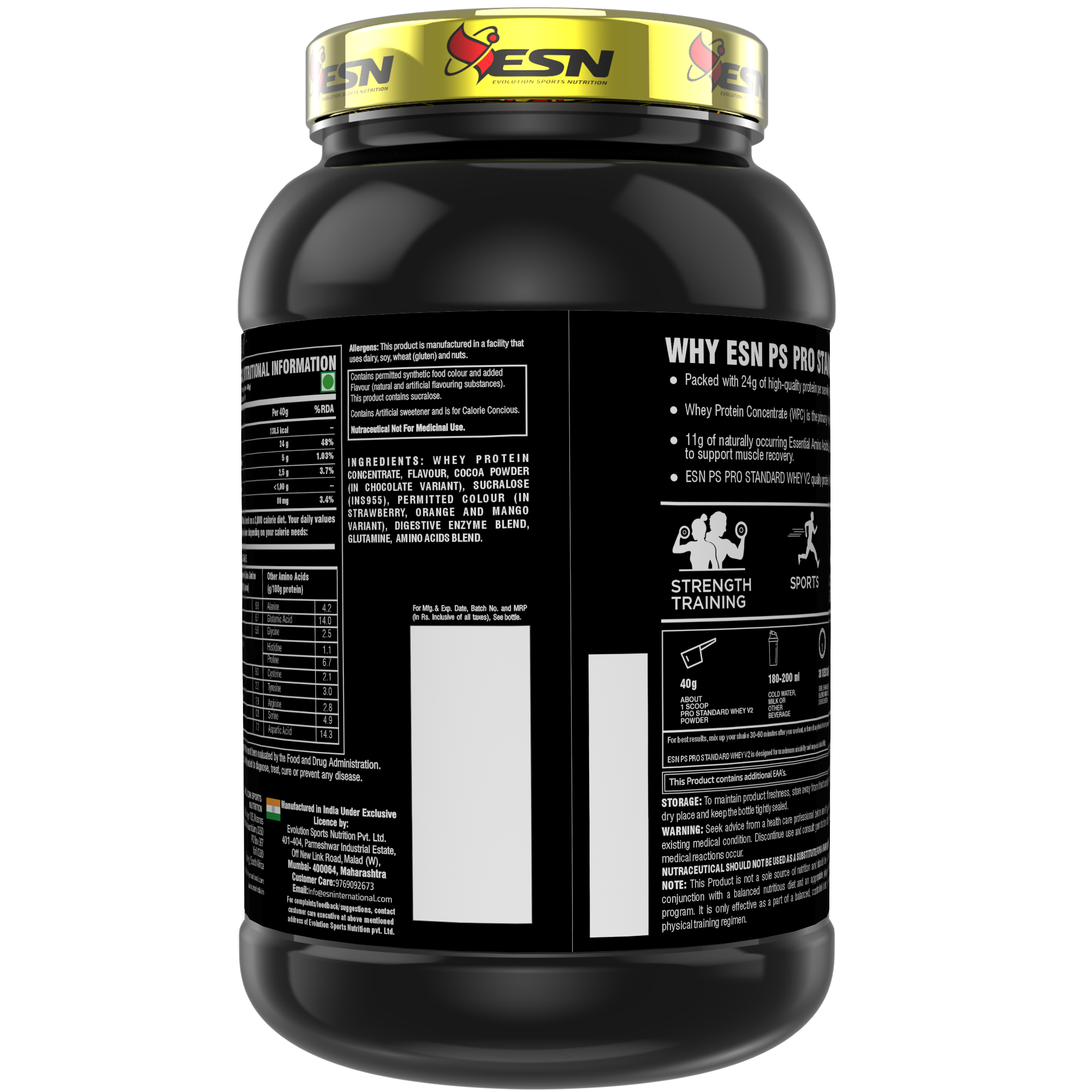 ESN PS Pro Standard Whey V2 | Enhanced Absorption Formula | 24 g Protein Per Serving | 6 g Glutamine | 11 g EAAs