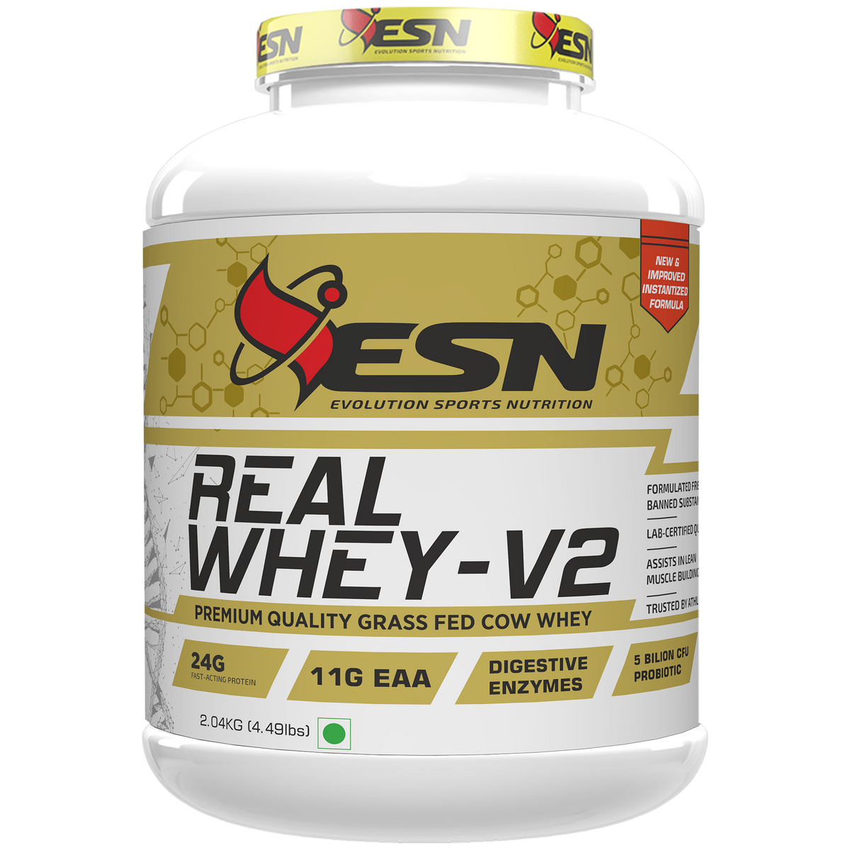 ESN Professional Series Real Whey V2 – 2.04 kg (4.49 lbs)  Premium Quality Grass-Fed Cow Whey | 24 g Protein | 11 g EAA | Digestive Enzymes | 5 Billion CFU Probiotic