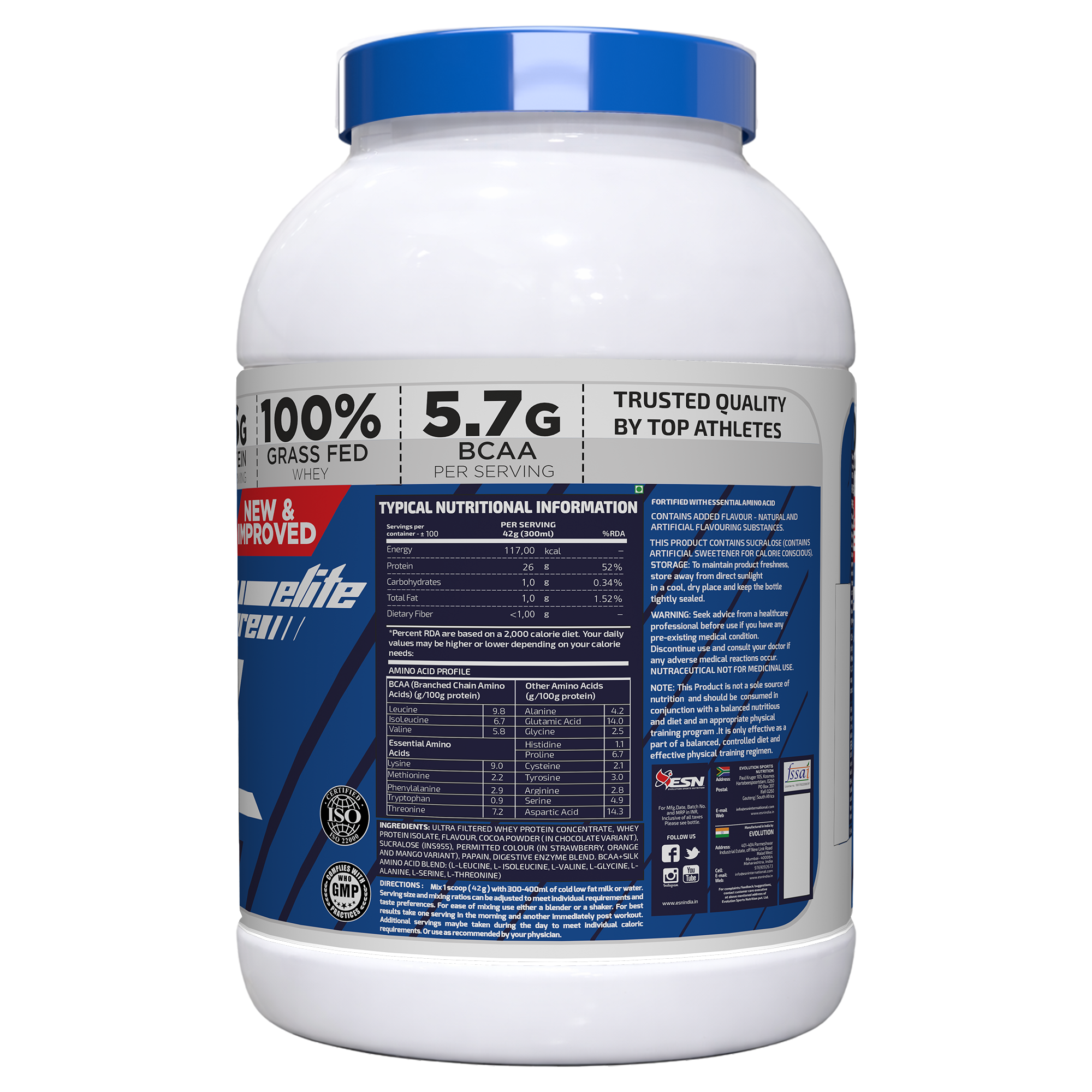 ESN 100% Premium Whey Protein | 26g Protein | Grass-Fed Whey | Whey Concentrate + Isolate